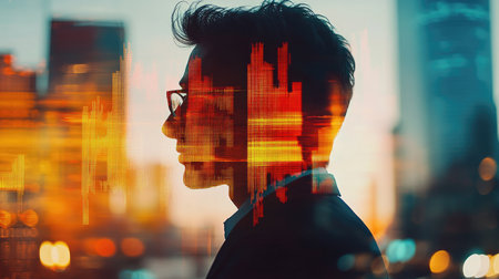 Double exposure businessman and stock market or forex graph suitable for financial investment concept. Economy trends background for business idea and all art work design. Abstract finance background.の素材