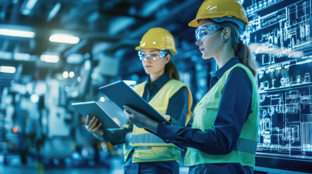 Male and female industrial engineers using tablet computer and blueprints checking and analysis data of power plant station project on network background.の素材