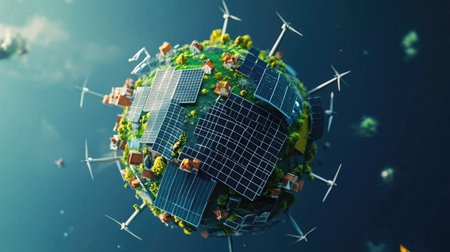 Abstract 3D globe with solar panels and wind turbines, symbolizing a green energy future.の素材