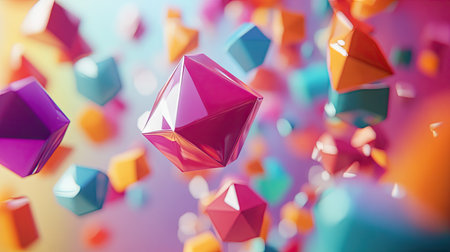 Lively 3D rendering of moving polygonal shapes with a vibrant, energetic feel.の素材