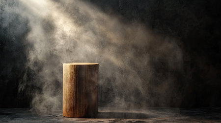 Empty wooden cylinder display stand, dark abstract wall backdrop, with smoke rising and a strong spotlight.の素材