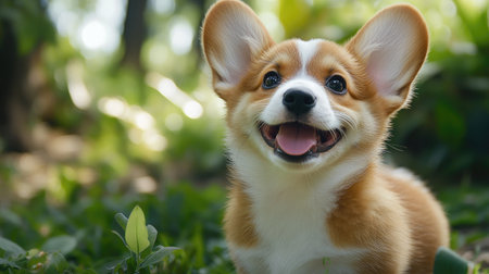 Happy little Pembroke Welsh Corgi puppy standing in a green clearing, looking up with bright eyes.の素材