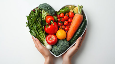 Fresh veggies in a heart-shaped dish held by a nutritionist's hand against a white background.の素材