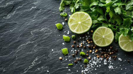 Spicy green herbs with pepper seeds and lime on a slate surface, complemented by a sprinkle of salt. Perfect for culinary presentations with a natural touch. -の素材