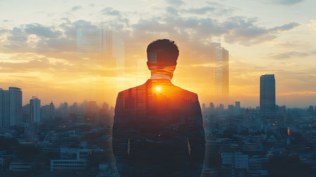 The double exposure image of the businessman standing back during sunrise overlay with cityscape image. The concept of modern life, business, city life and internet of things.の素材