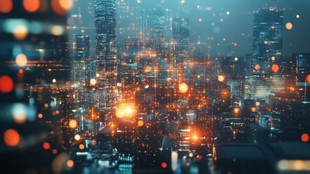 Smart digital city with globalization abstract graphic showing connection network . Concept of future 5G smart wireless digital city and social mediaの素材