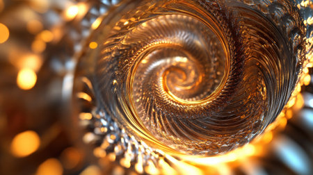 Vibrant 3D golden vortex with intricate spiral designs, evoking a sense of motion and elegance.の素材