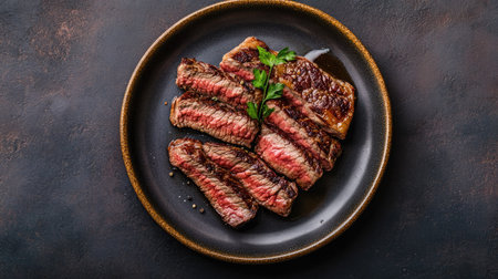 Sliced Wagyu Rib Eye steak on a plate, grilled to perfection. The dark background adds depth to the presentation of the marbled beef. Top view.の素材