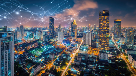Smart network and Connection technology concept with Bangkok city background at night in Thailand, Panorama viewの素材