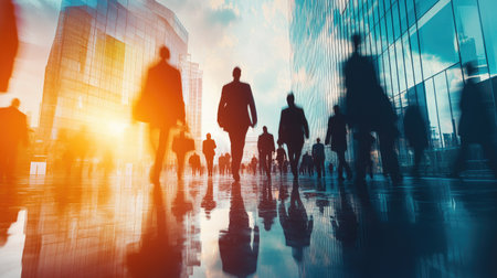 Success of business concept. Positive business. Double exposure of group of multinational businesspeople. Wide angle visual for banners or advertisements.の素材