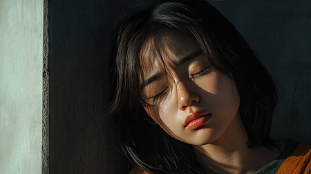 Unwell young Asian woman with a headache, leaning against a wall, eyes closed in pain.の素材