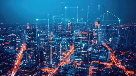 Smart city and communication network concept. 5G. IoT (Internet of Things). Telecommunication.の素材