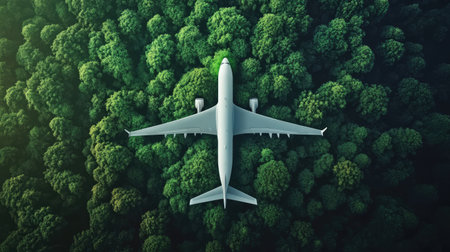 Sustainable aviation fuel concept. Net zero emissions flight. Sustainability transportation. Eco-friendly aviation fuel. Air travel. Future of flight with green innovation. Airplane use biofuel energy -の素材