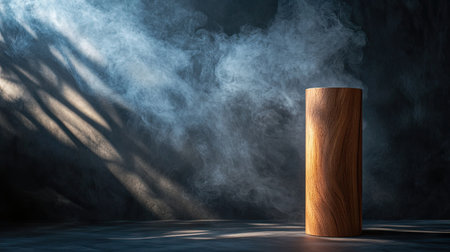 Wooden cylinder stand on a dark abstract wall, with smoke rising and spotlight creating a dramatic presentation.の素材