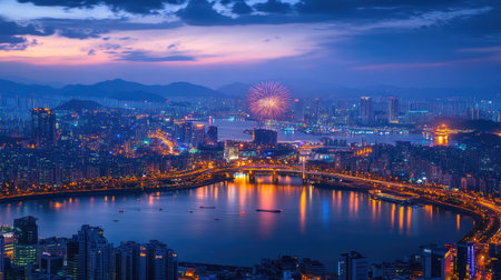 Seoul Fireworks Festival in Night city at Yeouido, South Korea.の素材