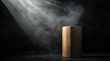 Wooden cylinder stand on a dark abstract background, illuminated by a spotlight with smoke rising for a dramatic effect.の素材