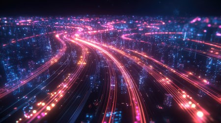 Smart city with speed line glowing light trail surround the city. big data connection technology concept -の素材