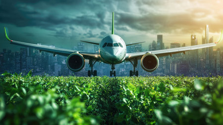 Sustainable aviation fuel concept. Net zero emissions flight. Sustainability transportation. Eco-friendly aviation fuel. Air travel. Future of flight with green innovation. Airplane use biofuel energy -の素材