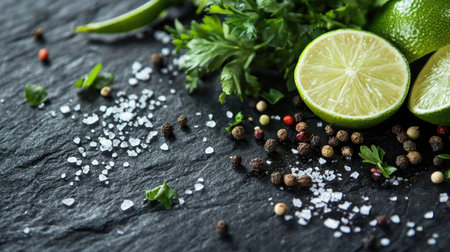 Spicy green herbs with pepper seeds and lime on a slate surface, complemented by a sprinkle of salt. Perfect for culinary presentations with a natural touch. -の素材