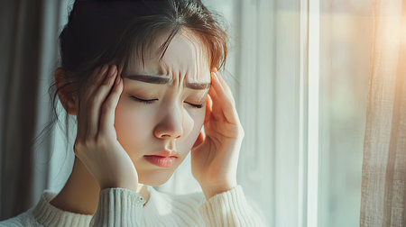 Unwell young Asian woman with a headache, standing by the window with a pained look, holding her temples.の素材