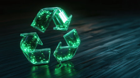 Vibrant 3D recycling symbol with glowing green elements, highlighting the importance of recycling.の素材