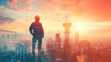 The double exposure image of the engineer standing back during sunrise overlay with cityscape image. The concept of engineering, construction, city life and future.の素材