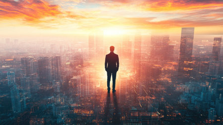 The double exposure image of the business man standing back during sunrise overlay with cityscape image. The concept of modern life, business, city life and internet of things.の素材