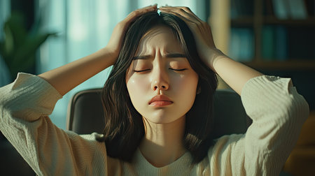 Unwell young Asian woman sitting on a chair, eyes closed, with a pained expression and hands on her head.の素材