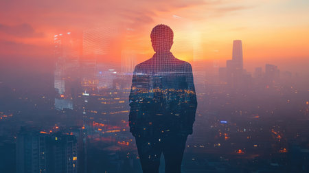 The double exposure image of the businessman standing back during sunrise overlay with cityscape image. The concept of modern life, business, city life and internet of things.の素材