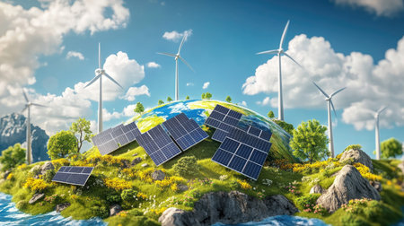 Vibrant 3D globe featuring solar panels and wind turbines in an eco-friendly designの素材
