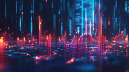 3D abstract candlestick chart glowing on a blue background. Captures financial market trends and trading data. Ideal for professional finance and tech-oriented designs.の素材