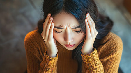Young Asian woman with a headache, sitting on the floor with a pained expression, holding her temples.の素材