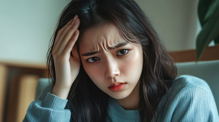 Unwell young Asian woman with a headache, sitting in a chair with a distressed look, touching her forehead.の素材
