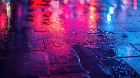 The background of wet asphalt, the reflection of the night lights of the city, neon light, smokeの素材