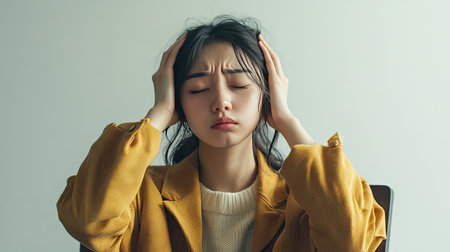 Unwell young Asian woman sitting on a chair, eyes closed, with a pained expression and hands on her head.の素材