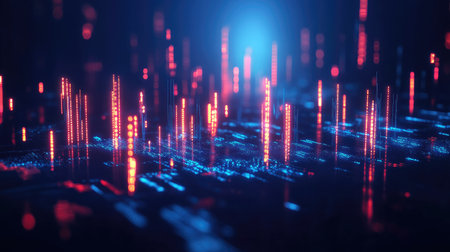 Abstract 3D rendering of glowing candlestick business chart on a deep blue background. Represents trade, finance, and market trends. Ideal for financial analysis and trading visuals.の素材