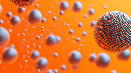 3D textured spheres on an orange background, detailed with dots or letters. Great for designing banners and abstract vector templates with a modern touch.の素材