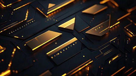 Abstract background showcasing gold directional arrows and geometric elements on a dark black space, perfect for a futuristic and elegant design approach.の素材