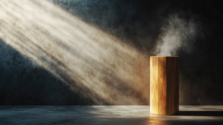 Wooden cylinder stand on a dark abstract wall, with smoke rising and spotlight creating a dramatic presentation.の素材
