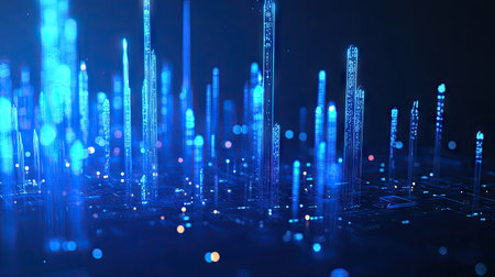 Abstract 3D candlestick chart with luminous features on a blue background. Represents trading and financial market trends. Great for finance-related graphics and reports.の素材
