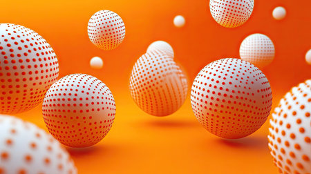 3D spheres on a bold orange background, textured with dots or letters. Perfect for abstract vector templates and stylish banner designs.の素材