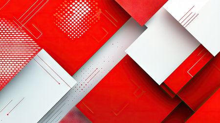 Abstract red and white background with a mix of bold geometric patterns and smooth gradients. A modern design perfect for high-impact visuals and creative projects.の素材
