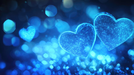 Beautiful glowing neon blue hearts in a bokeh banner design, perfect for love-themed graphics with text space.の素材