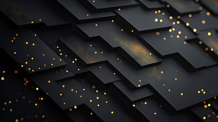 Black paper layers with a 3D geometric design and golden glittering dots, creating a sleek and elegant abstract background for high-end graphics.の素材