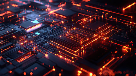 AI design with electric circuits and digital textures. Ideal for technology graphics, logo creation, and mobile applications. Showcases a sleek, futuristic machine learning concept. -の素材