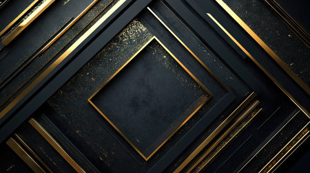 Black space with abstract gold arrow shapes and geometric patterns, offering a cutting-edge design ideal for technology and luxury-themed visuals.の素材