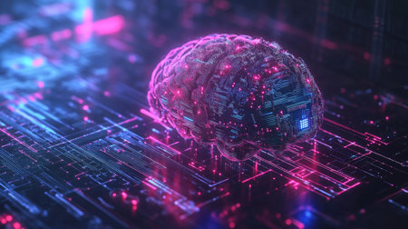 AI concept in 2D illustration, showing a neural network and a futuristic brain. Emphasizes machine learning and data analysis. Ideal for tech and science visuals.の素材