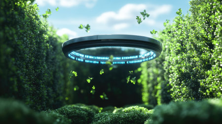 Business technology privacy symbol in 3D, hovering over a garden with a blue sky, representing secure data and peace of mind.の素材