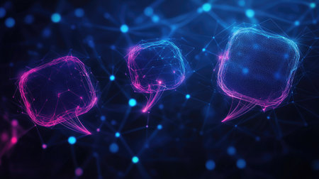 Communication concept on a dark blue polygonal background with glowing speech bubbles. Ideal for e-commerce and virtual networking themes with clear copy space.の素材