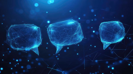 Communication concept on a dark blue polygonal background with glowing speech bubbles. Ideal for e-commerce and virtual networking themes with clear copy space.の素材